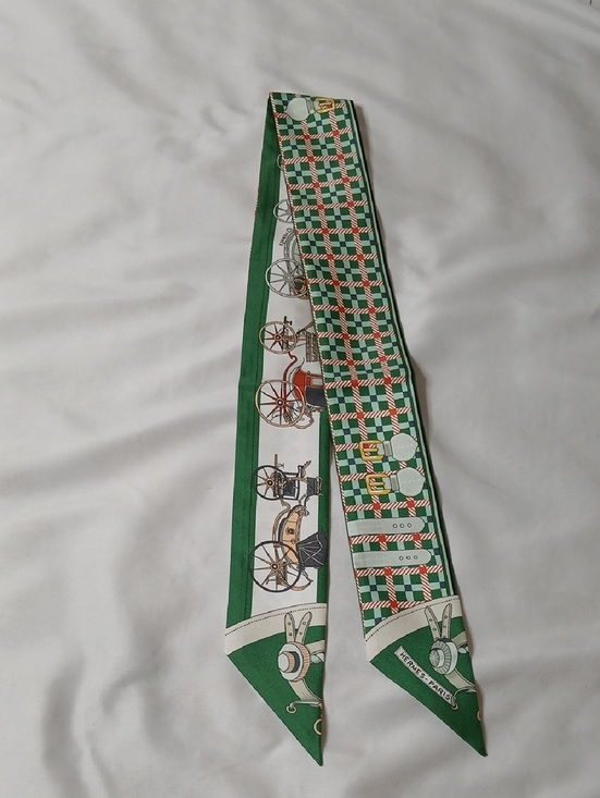 Hermes Accessories - Hermes Green and White Silk Twilly with Equestrian Carriage Motif